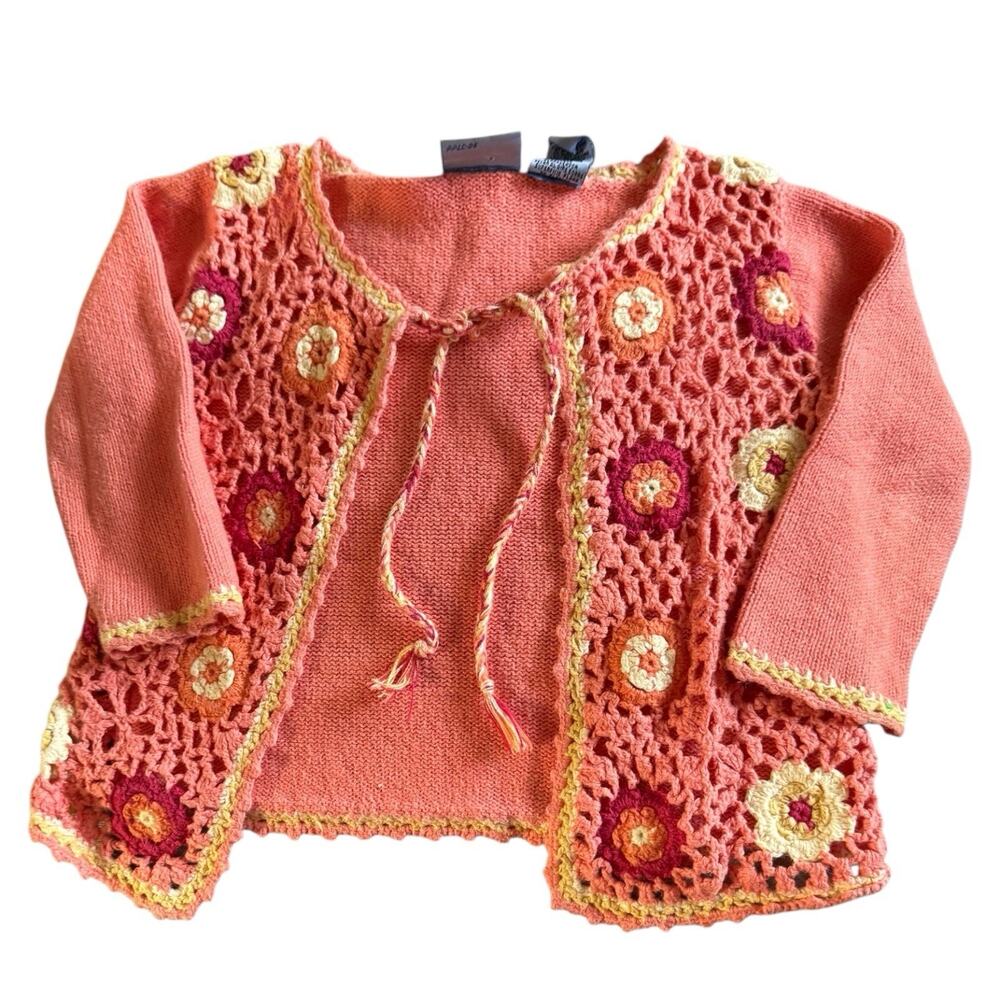 Koala Kids Vintage Peach Crochet Knit Open Front Cardigan Sweater Toddler 24M